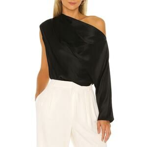 Michelle Mason Black Silk Satin Draped One Sleeve Top Blouse Size 4